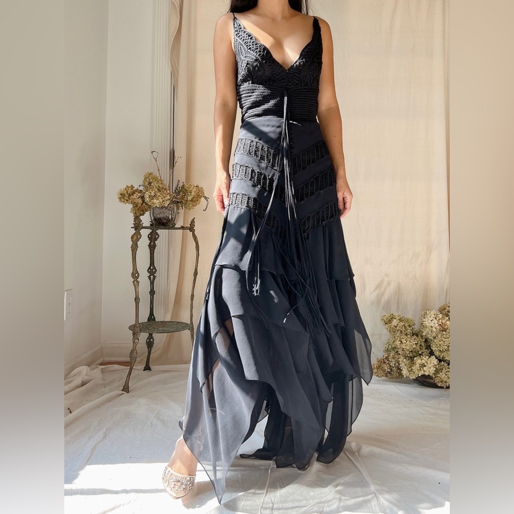 Vintage 1990s black silk handkerchief hem dress size Small